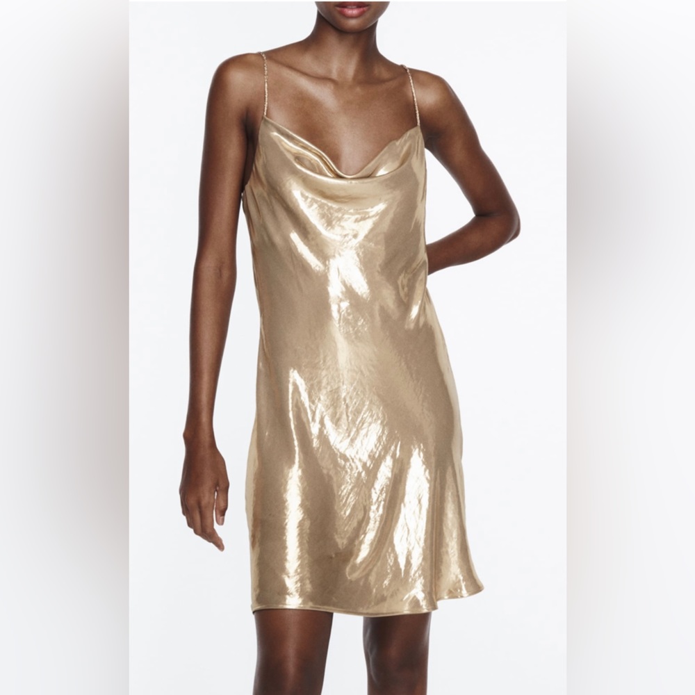 Zara METALLIC RHINESTONE STRAPPY MINI DRESS